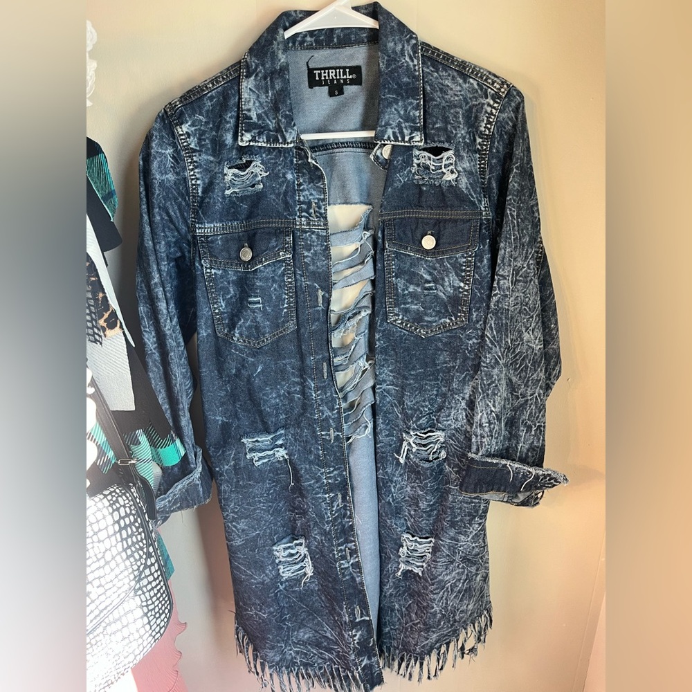 Thrill Blue Distressed Long Jean Jacket